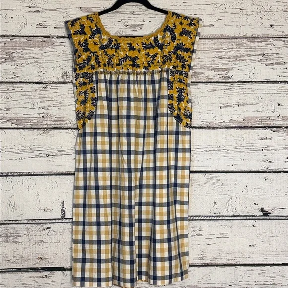 Mi Golondrina Yellow and Navy Embroidered Floral plaid dress - Picture 4 of 8